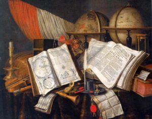 Vanitas con libri, mappamondi, strumenti musicali, candela e clessidra, Edwaert Collier_1662 